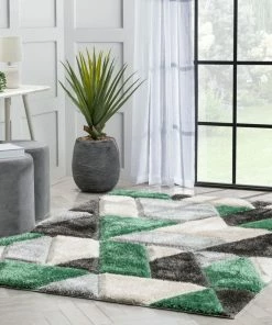 Well Woven Holland Modern Geometric Green 3D Textured Thick & Soft Shag Rug