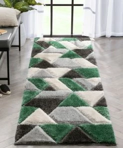 Well Woven Holland Modern Geometric Green 3D Textured Thick & Soft Shag Rug
