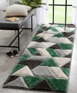 Well Woven Holland Modern Geometric Green 3D Textured Thick & Soft Shag Rug