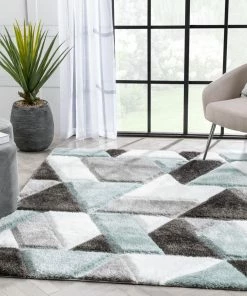 Well Woven Holland Modern Geometric Light Blue 3D Textured Thick & Soft Shag Rug
