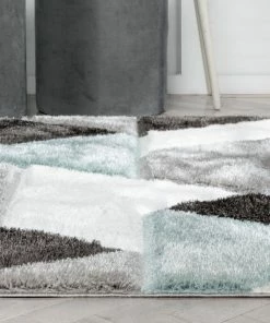 Well Woven Holland Modern Geometric Light Blue 3D Textured Thick & Soft Shag Rug