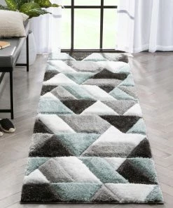 Well Woven Holland Modern Geometric Light Blue 3D Textured Thick & Soft Shag Rug