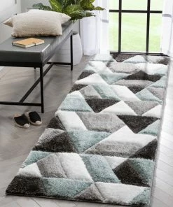 Well Woven Holland Modern Geometric Light Blue 3D Textured Thick & Soft Shag Rug