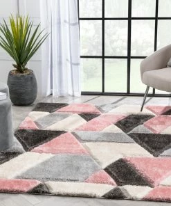 Well Woven Holland Modern Geometric Blush 3D Textured Thick & Soft Shag Rug