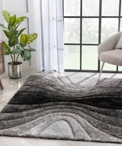 Well Woven Luz Modern Geometric Black 3D Textured Thick & Soft Shag Rug