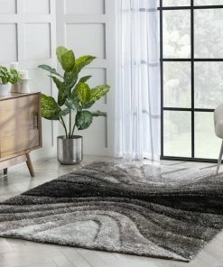 Well Woven Luz Modern Geometric Black 3D Textured Thick & Soft Shag Rug