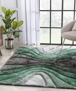 Well Woven Luz Modern Geometric Green 3D Textured Thick & Soft Shag Rug