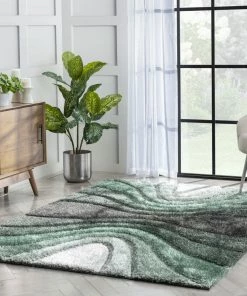 Well Woven Luz Modern Geometric Green 3D Textured Thick & Soft Shag Rug