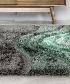 Well Woven Luz Modern Geometric Green 3D Textured Thick & Soft Shag Rug
