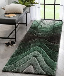 Well Woven Luz Modern Geometric Green 3D Textured Thick & Soft Shag Rug