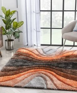 Well Woven Luz Modern Geometric Grey Orange 3D Textured Thick & Soft Shag Rug