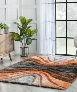 Well Woven Luz Modern Geometric Grey Orange 3D Textured Thick & Soft Shag Rug