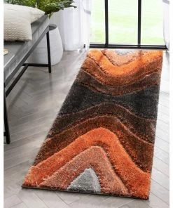 Well Woven Luz Modern Geometric Grey Orange 3D Textured Thick & Soft Shag Rug