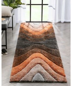 Well Woven Luz Modern Geometric Grey Orange 3D Textured Thick & Soft Shag Rug