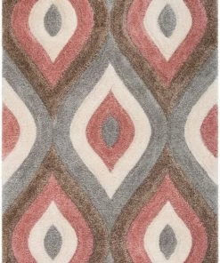 Well Woven Malibu Modern Ogee Pattern Geometric Shag Brown Blush 3D Textured Thick & Soft Shag Rug