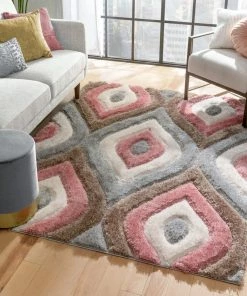 Well Woven Malibu Modern Ogee Pattern Geometric Shag Brown Blush 3D Textured Thick & Soft Shag Rug