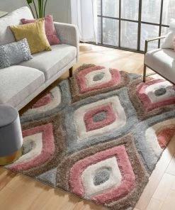 Well Woven Malibu Modern Ogee Pattern Geometric Shag Brown Blush 3D Textured Thick & Soft Shag Rug