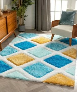 Well Woven Posh Blue Modern Geometric 3D Textured Shag Rug