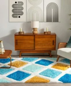 Well Woven Posh Blue Modern Geometric 3D Textured Shag Rug