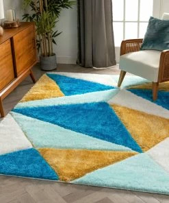 Well Woven Venice Blue Modern Geometric 3D Textured Shag Rug