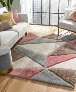 Well Woven Venice Modern Geometric Triangle Pattern Shag Grey Blush 3D Textured Thick & Soft Shag Rug