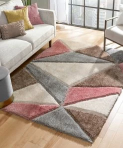 Well Woven Venice Modern Geometric Triangle Pattern Shag Grey Blush 3D Textured Thick & Soft Shag Rug