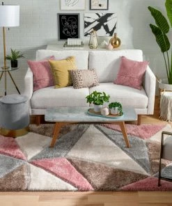 Well Woven Venice Modern Geometric Triangle Pattern Shag Grey Blush 3D Textured Thick & Soft Shag Rug