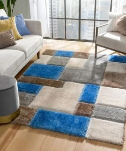 Well Woven Escondido Modern Geometric Boxes Shag Light Blue 3D Textured Thick & Soft Shag Rug
