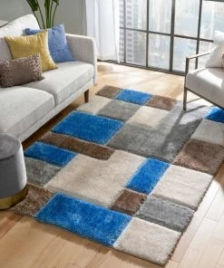 Well Woven Escondido Modern Geometric Boxes Shag Light Blue 3D Textured Thick & Soft Shag Rug