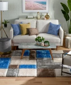 Well Woven Escondido Modern Geometric Boxes Shag Light Blue 3D Textured Thick & Soft Shag Rug