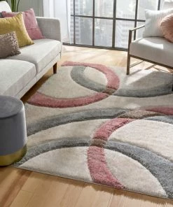 Well Woven Bevel Modern Geometric Arcs & Shapes Shag Blush Grey 3D Textured Thick & Soft Shag Rug