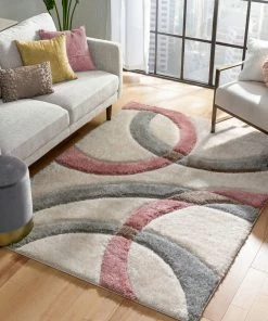 Well Woven Bevel Modern Geometric Arcs & Shapes Shag Blush Grey 3D Textured Thick & Soft Shag Rug
