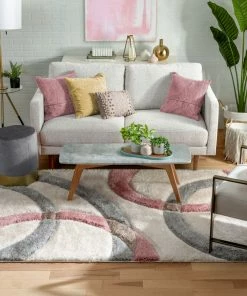 Well Woven Bevel Modern Geometric Arcs & Shapes Shag Blush Grey 3D Textured Thick & Soft Shag Rug