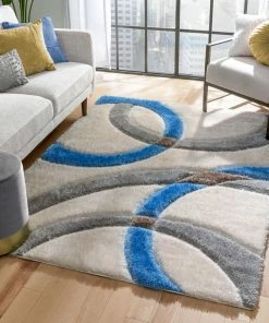 Well Woven Bevel Modern Geometric Arcs & Shapes Shag Light Blue Grey 3D Textured Thick & Soft Shag Rug