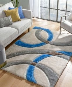 Well Woven Bevel Modern Geometric Arcs & Shapes Shag Light Blue Grey 3D Textured Thick & Soft Shag Rug