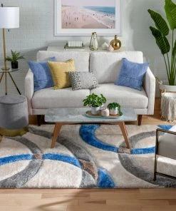 Well Woven Bevel Modern Geometric Arcs & Shapes Shag Light Blue Grey 3D Textured Thick & Soft Shag Rug