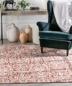 Well Woven Ahote Vintage Floral Damask Pattern Rust Textured Rug Global