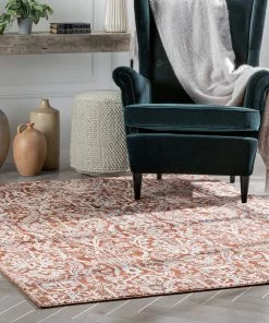 Well Woven Ahote Vintage Floral Damask Pattern Rust Textured Rug Global
