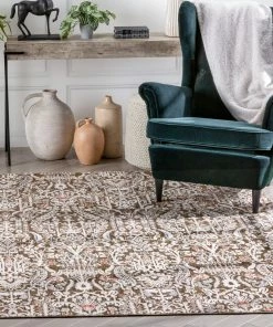 Well Woven Ahote Vintage Floral Damask Pattern Brown Textured Rug
