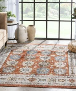 Well Woven Kestrel Vintage Tribal Floral Pattern Rust Textured Rug Global
