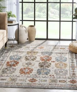 Well Woven Kestrel Vintage Tribal Floral Pattern Grey Textured Rug Global