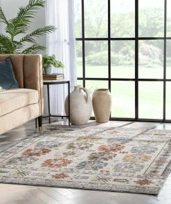 Well Woven Kestrel Vintage Tribal Floral Pattern Grey Textured Rug Global