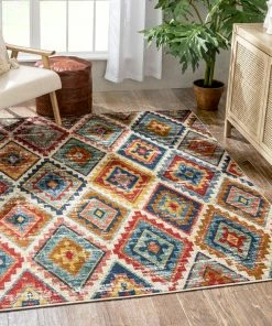 Well Woven Global Meridian Southwestern Diamond Pattern Blue Red Distressed Rug