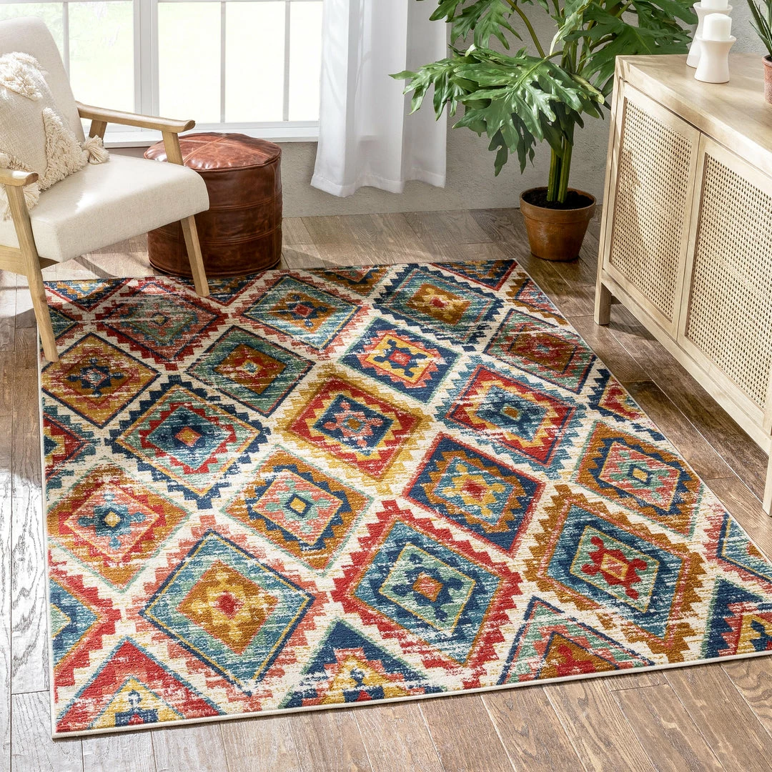 Well Woven Global Meridian Southwestern Diamond Pattern Blue Red Distressed Rug 1 Well Woven Global Meridian Southwestern Diamond Pattern Blue Red Distressed Rug