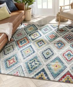 Well Woven Meridian Southwestern Diamond Pattern Grey Blue Distressed Rug Global