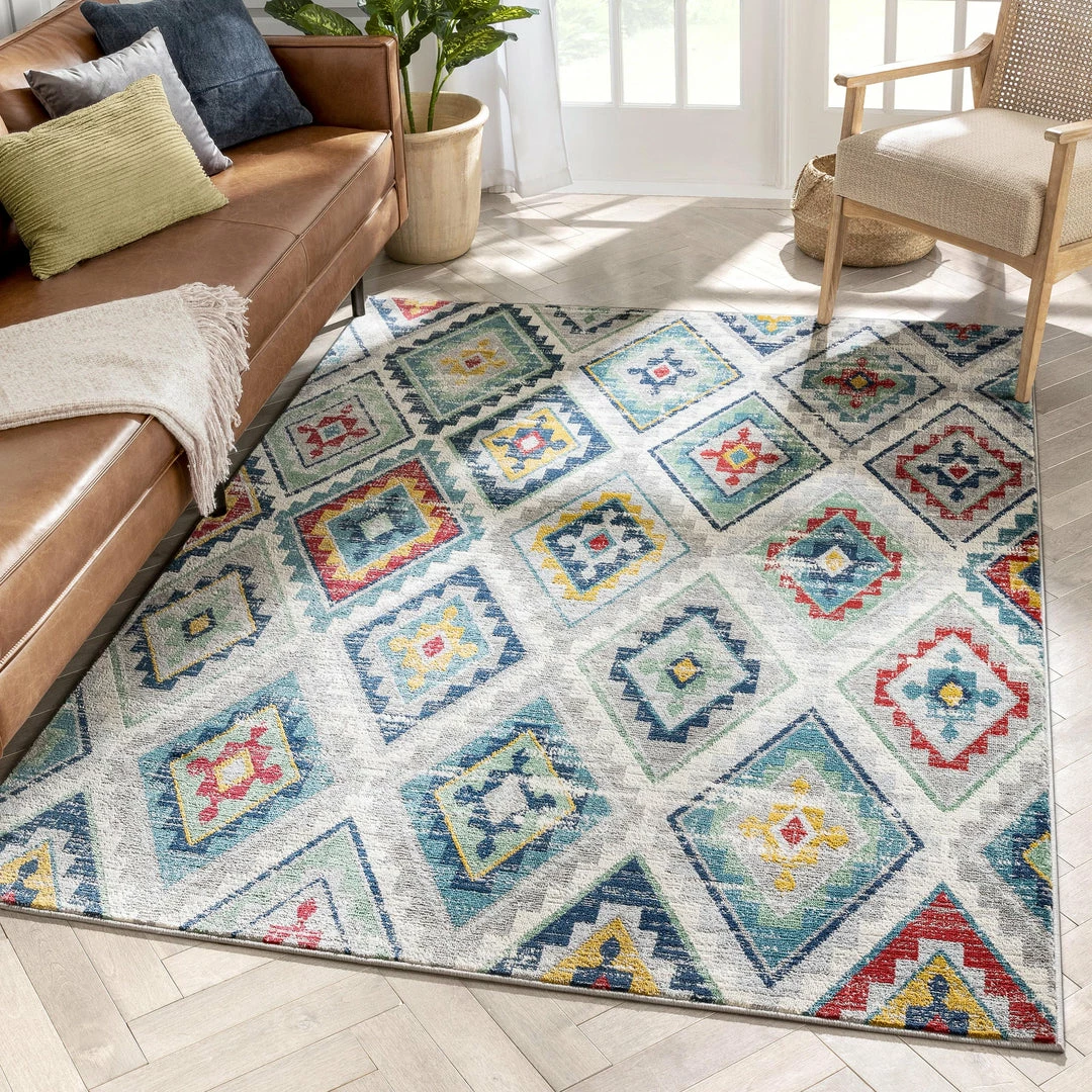 Well Woven Meridian Southwestern Diamond Pattern Grey Blue Distressed Rug Global 1 Well Woven Meridian Southwestern Diamond Pattern Grey Blue Distressed Rug Global