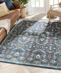 Well Woven Caldwell Floral Oriental Pattern Blue Distressed Rug