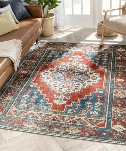 Well Woven Ucon Southwestern Medallion Pattern Blue Red Distressed Rug Global
