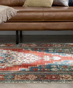 Well Woven Ucon Southwestern Medallion Pattern Blue Red Distressed Rug Global