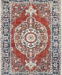 Well Woven Arco Oriental Medallion Pattern Red Blue Distressed Rug
